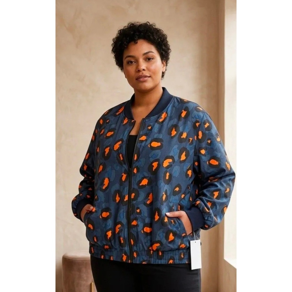 Mono B Retro Grunge Maximalist Women 3XL Blue Orange Leopard Print Bomber Jacket